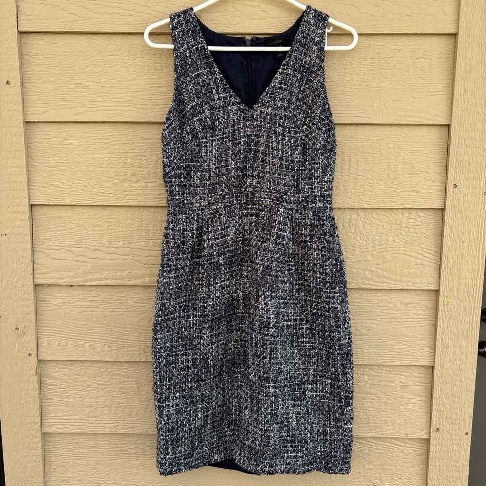 J. Crew Navy and White Tweed V-Neck Midi Dress